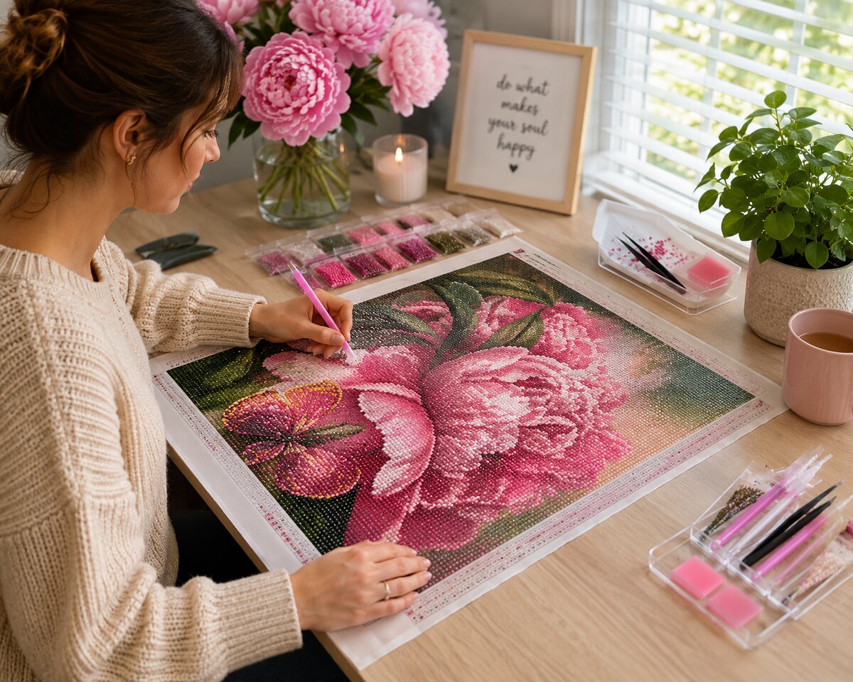 Working on the peony and butterfly kit at a desk by a window with fresh peonies and a candle | Azurra Shop