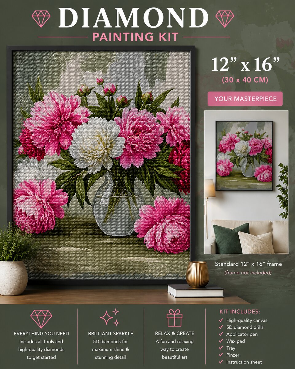 Framed pink peony bouquet diamond painting displayed on a living room wall with a plant and side table | Azurra Shop