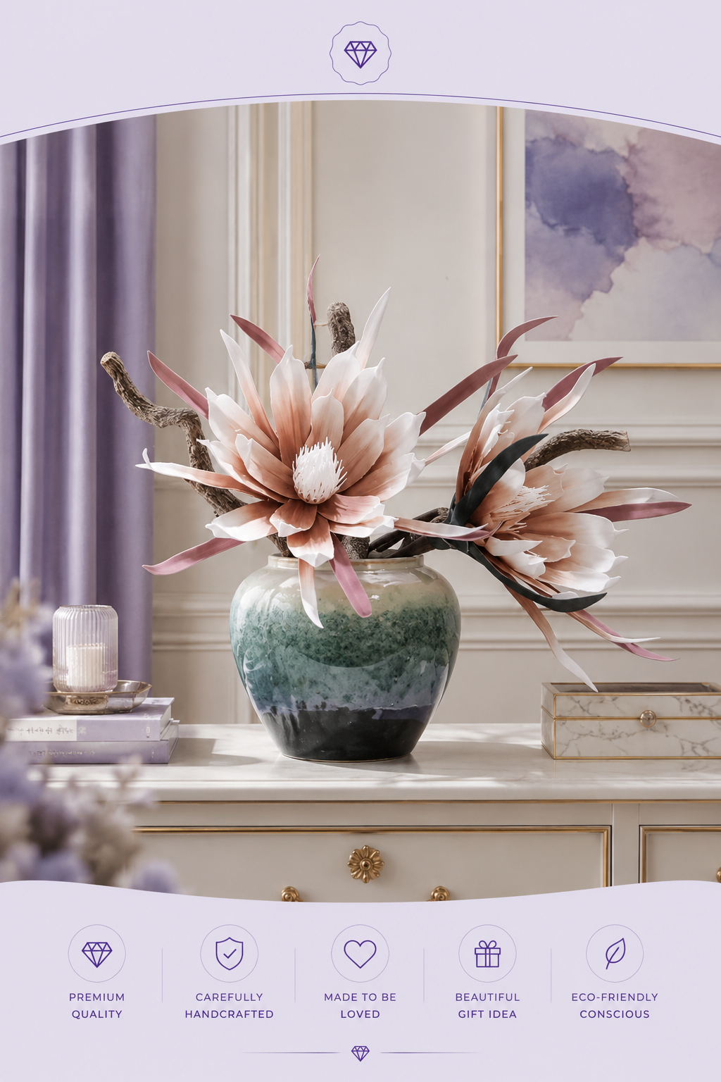 Blue and white Korean rose arrangement with ferns and berries in azure ceramic vase — Azurra Shop