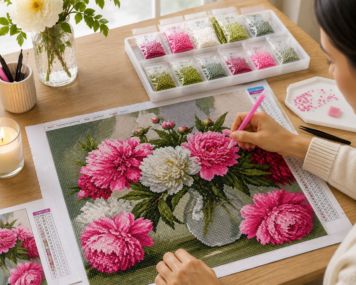 Working on the pink peony bouquet kit at a desk with a candle and fresh flowers nearby | Azurra Shop