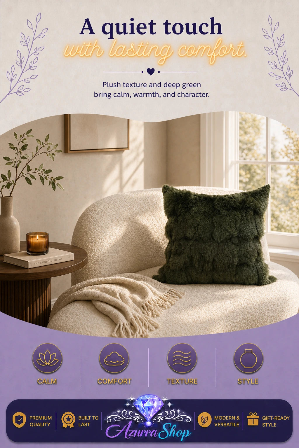 Dark olive green faux-fur throw pillow on a cream chaise in a sunlit room; promotional text reads "A quiet touch with lasting comfort."