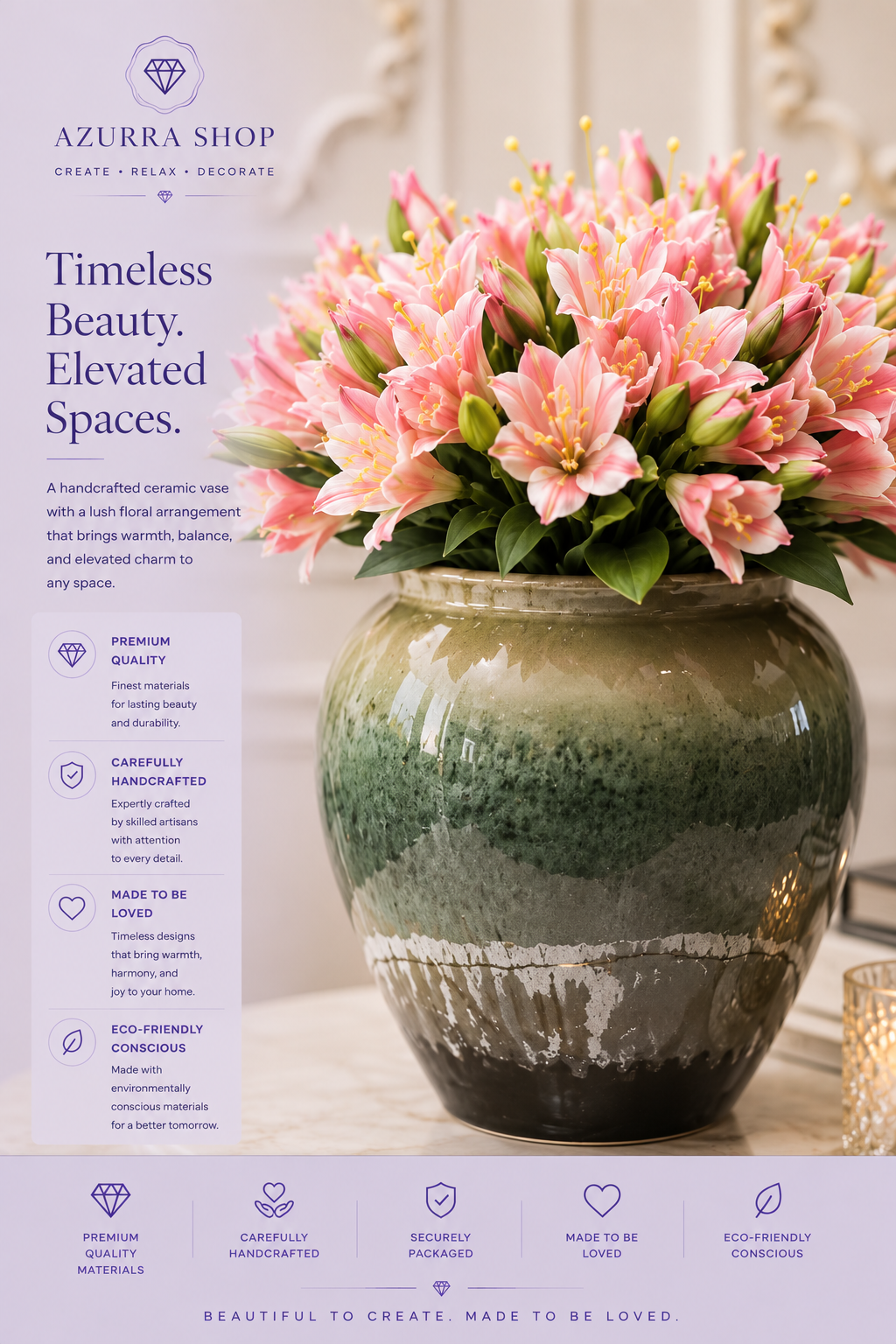 Close-up of soft pink lily blooms and buds in hand-glazed forest green ceramic vase — Azurra Shop