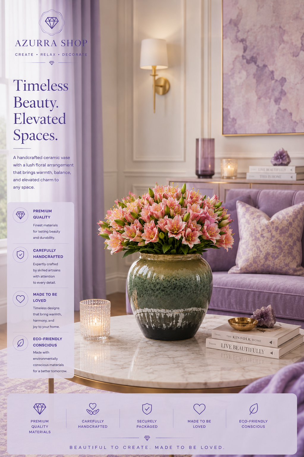 Pink lily ceramic vase styled on marble coffee table in lavender luxury living room — Azurra Shop