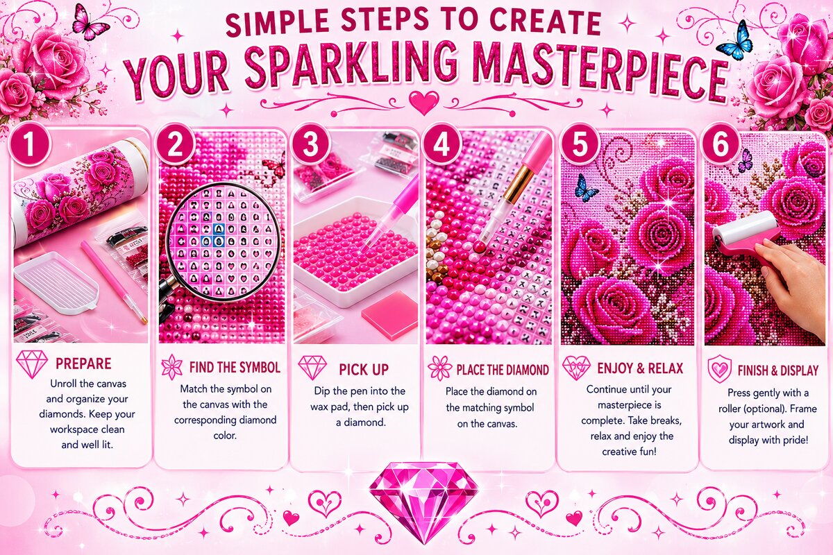 Six step guide showing how to complete the pink rose garden diamond painting | Azurra Shop