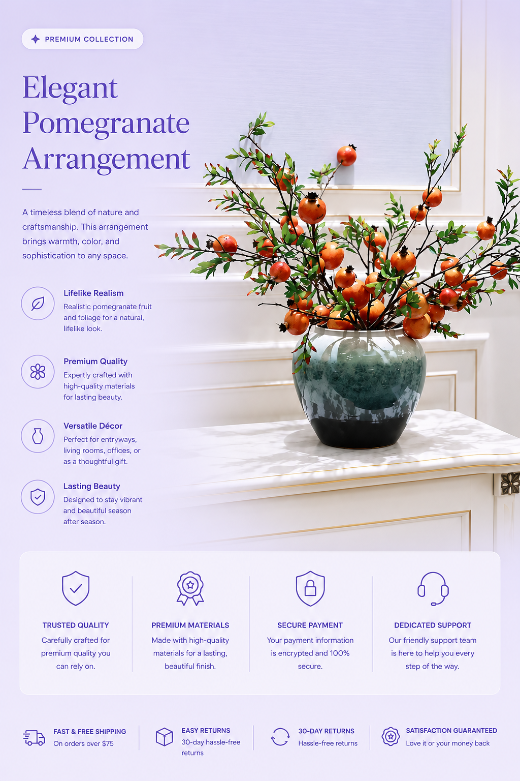 Orange pomegranate ceramic vase styled on entryway console — elegant artificial fruit branch arrangement — Azurra Shop