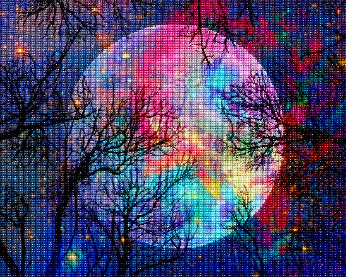 Finished prismatic full moon diamond painting with a rainbow colored moon glowing behind bare winter tree branches | Azurra Shop