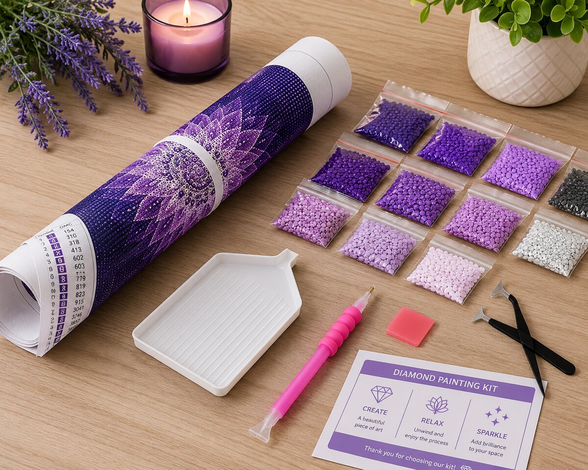 Diamond painting kit supplies including rolled canvas, sorted diamond bags, applicator pen, and tweezers | Azurra Shop