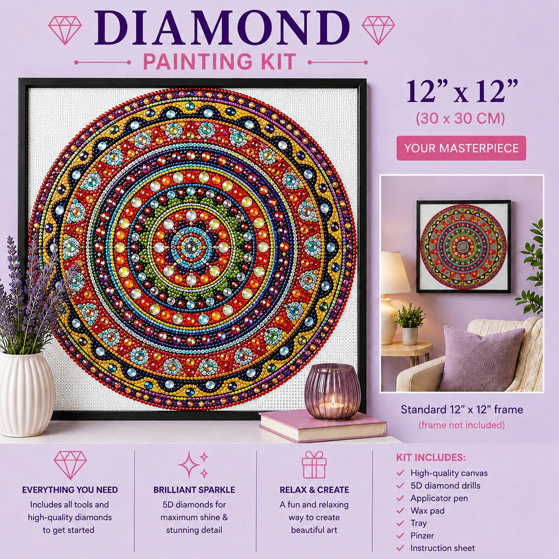 Rainbow ring mandala diamond painting framed on a lavender wall above a couch, shown in a 12 by 12 inch size | Azurra Shop