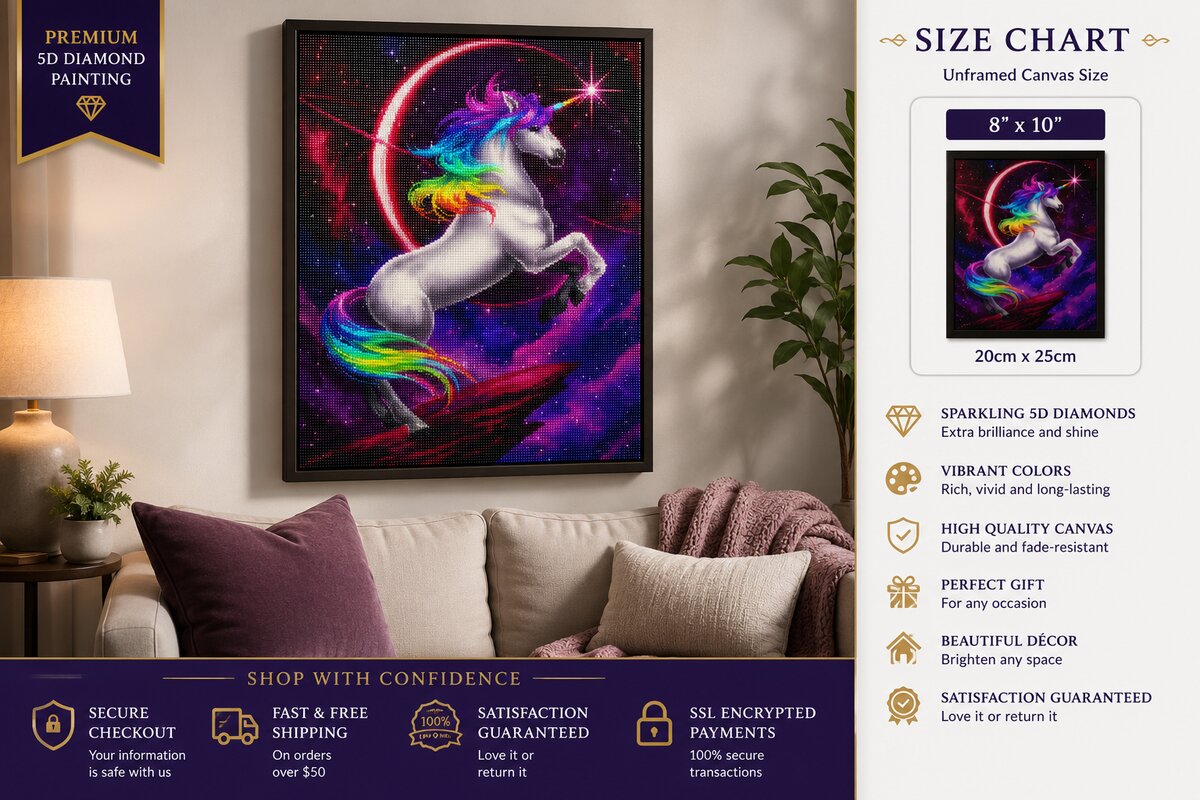 Rainbow mane unicorn diamond painting framed on a wall, available in an 8 by 10 inch size | Azurra Shop