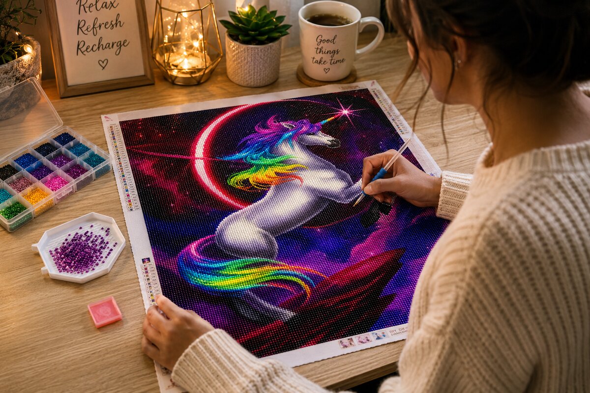 Woman placing diamonds on the rainbow mane unicorn canvas at a table with coffee and candles | Azurra Shop