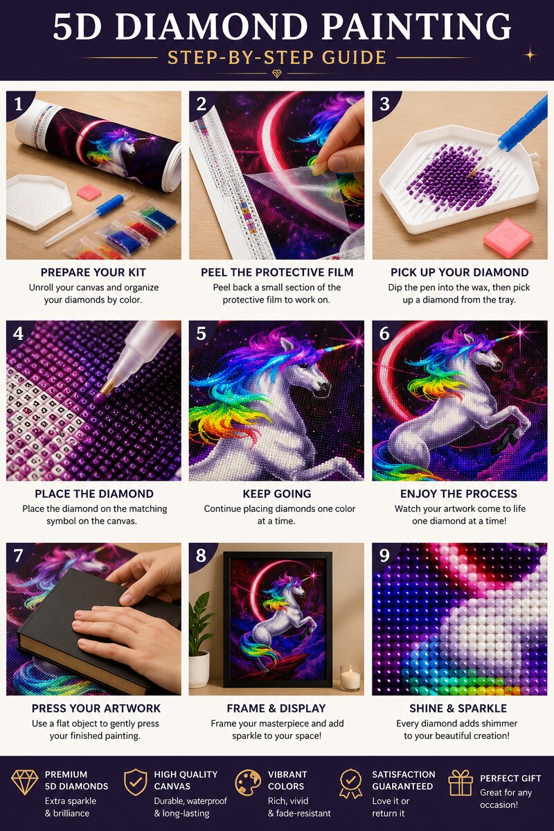 Nine step instructions for completing a diamond painting kit from canvas prep to framing and display | Azurra Shop
