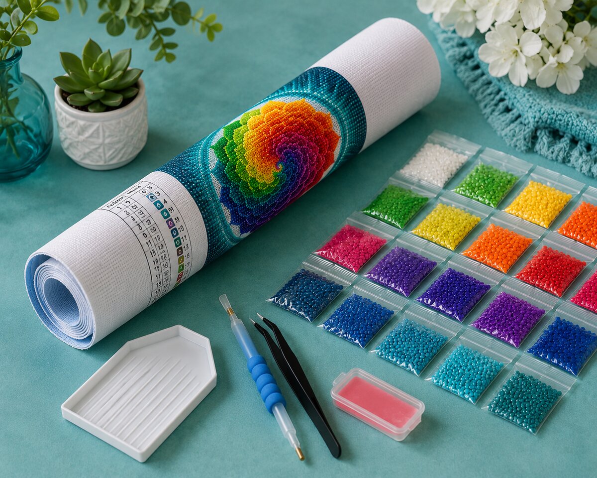 Diamond painting kit supplies including rolled canvas, sorted diamond bags, applicator pen, and tray | Azurra Shop