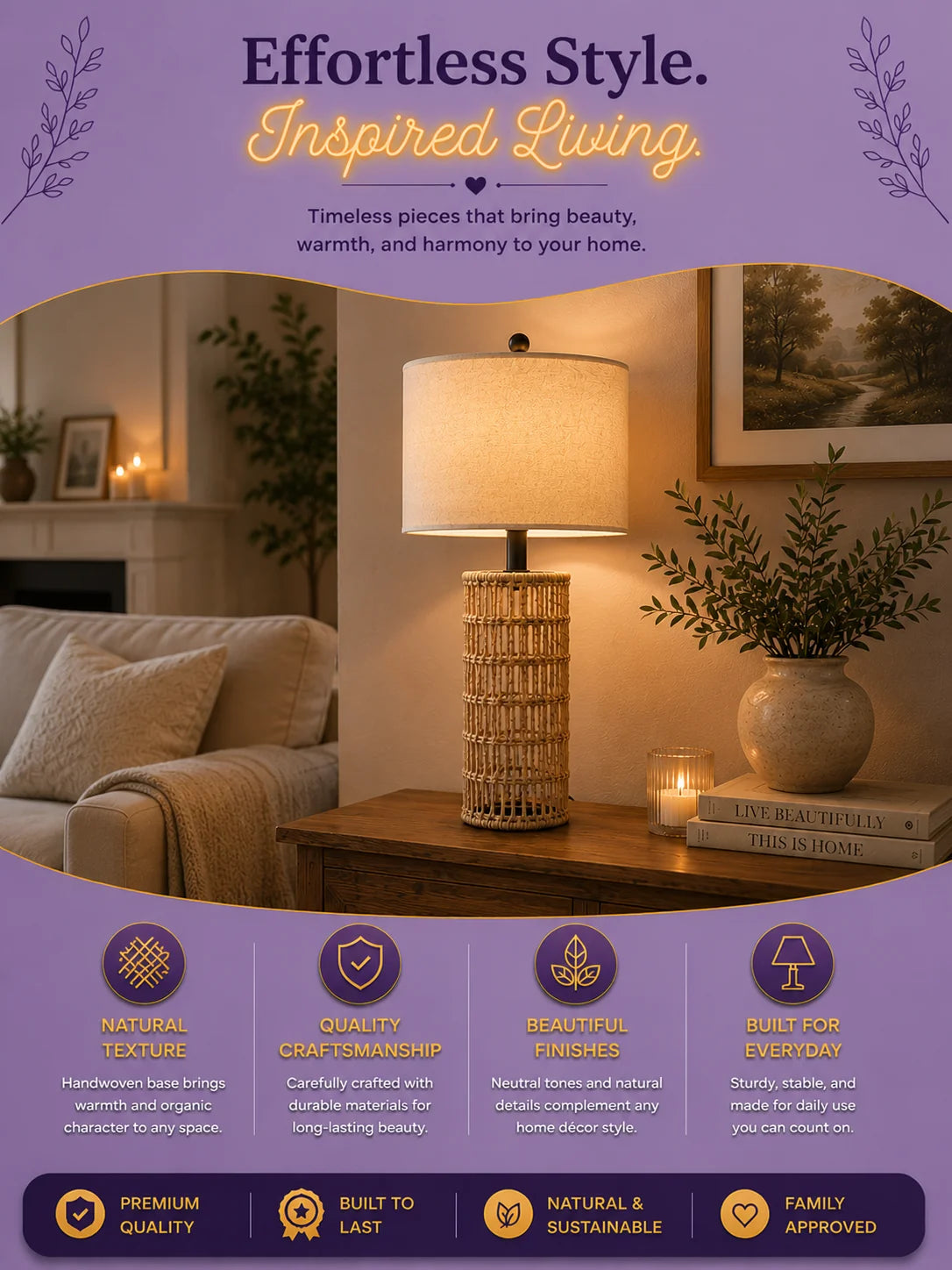 Handwoven rattan table lamp glowing on a side table in a cozy living room | Azurra Shop