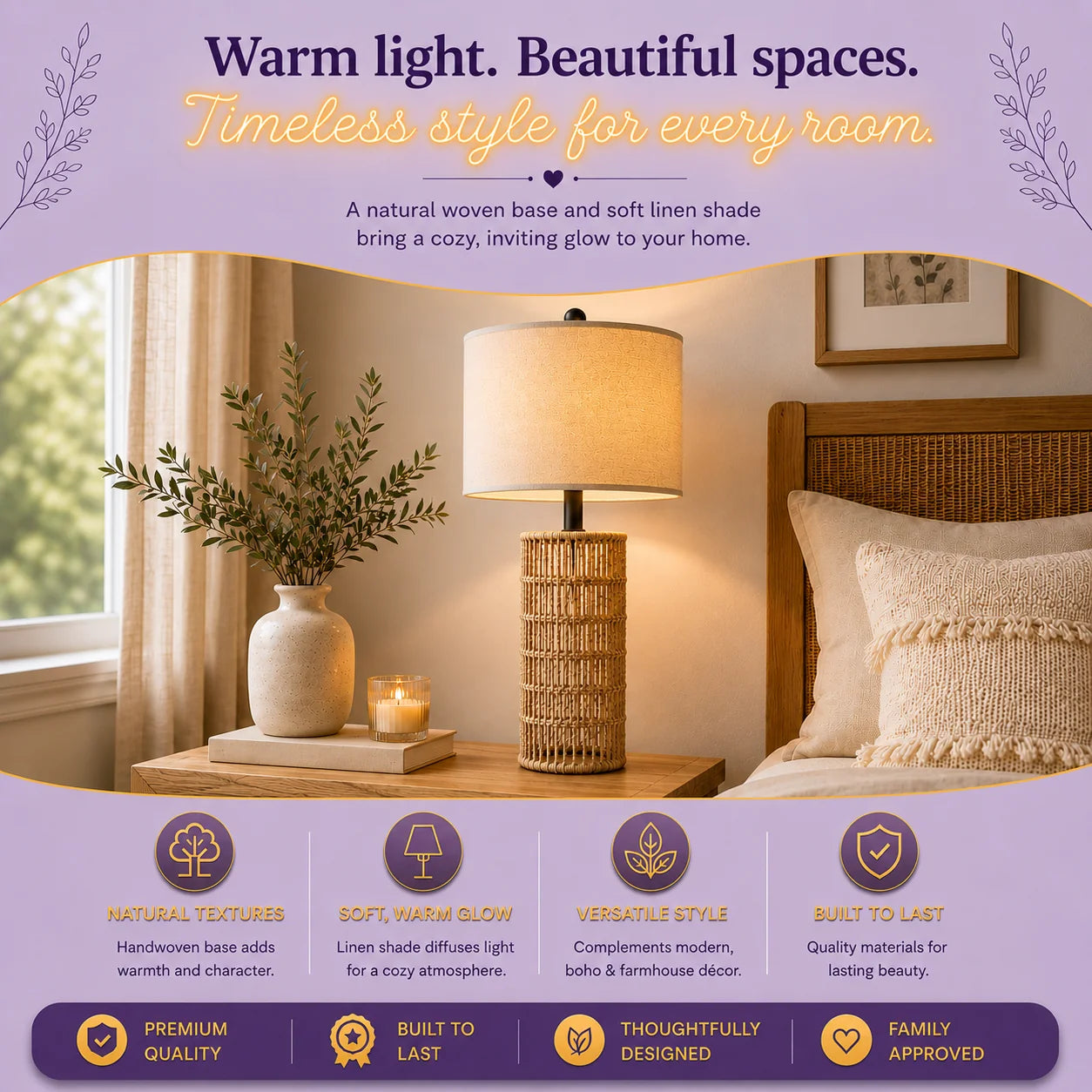 Rattan table lamp with a linen shade glowing on a wood nightstand by a window in a cozy bedroom | Azurra Shop