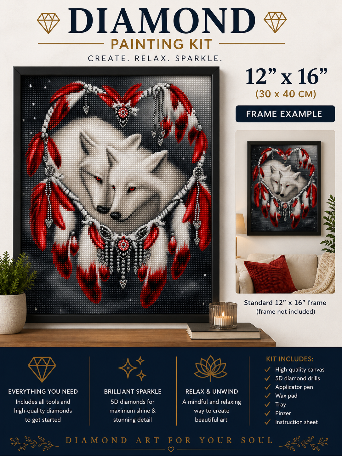 Wolf spirit red feather heart diamond painting kit size chart – 12" x 16" size shown framed in black frame displayed on living room shelf beside candle and plants, bold red and white tones, standard frame fits easily, premium sparkling 5D diamonds — Azurra Shop