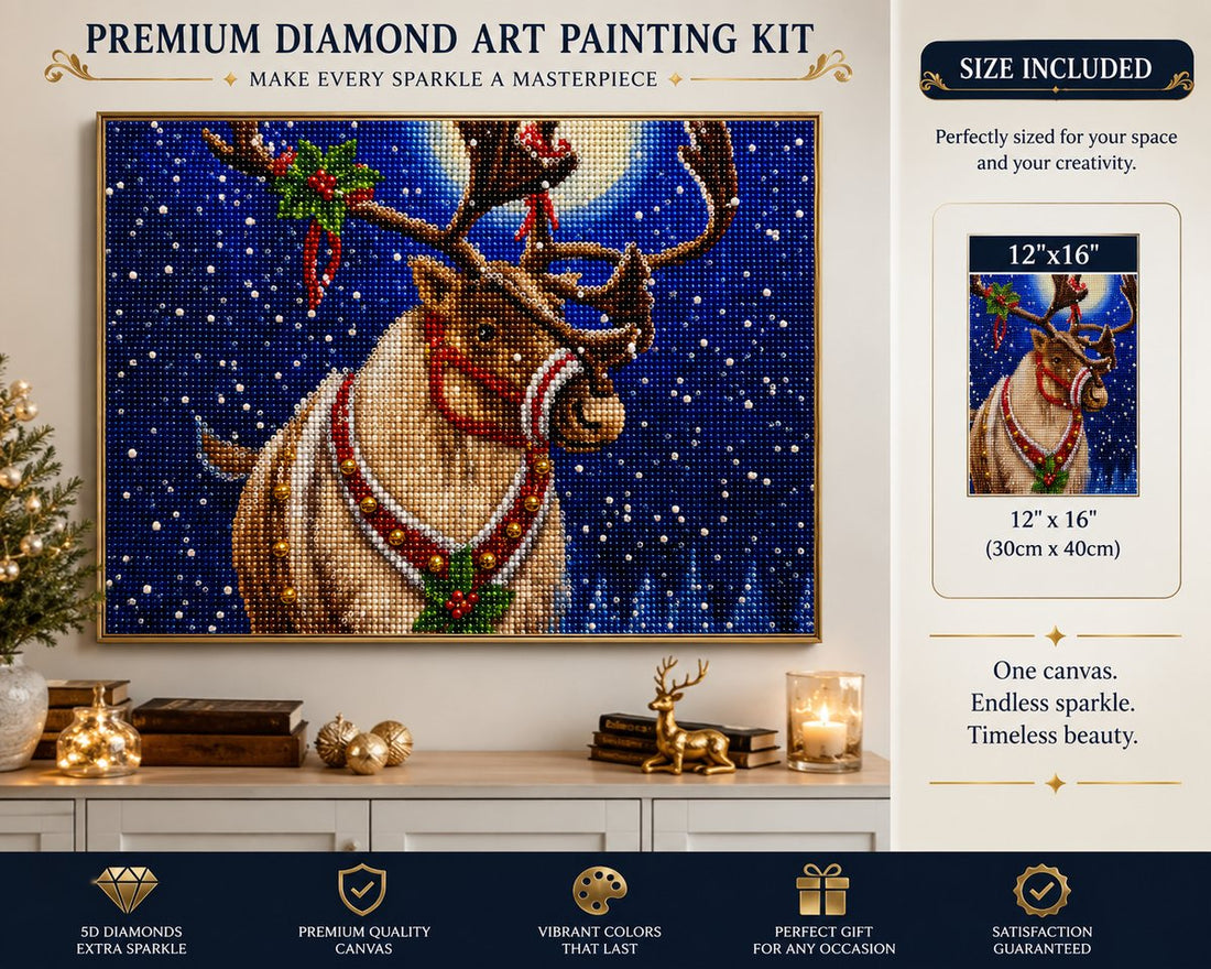 Framed reindeer diamond painting displayed above a living room console table | Azurra Shop