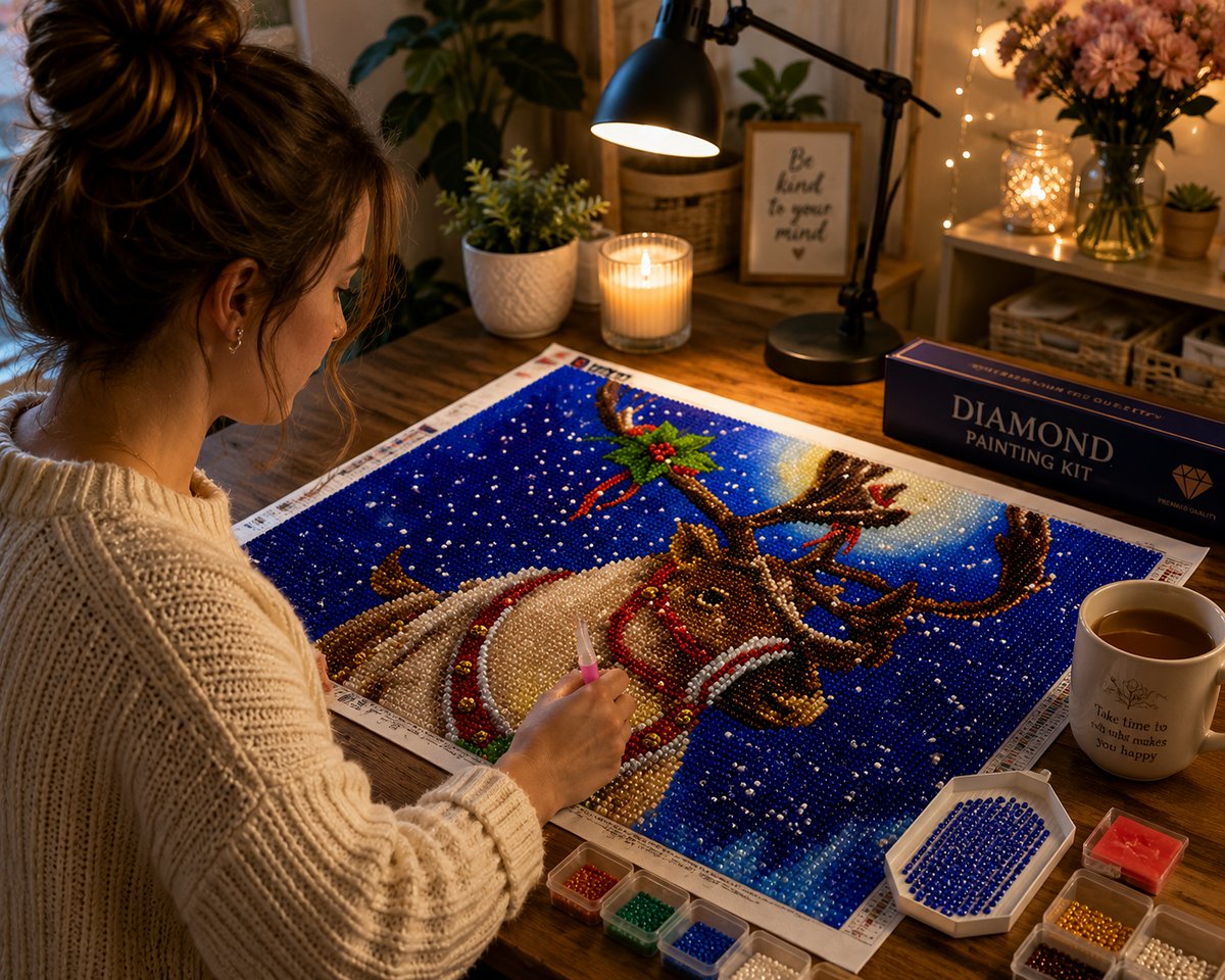 Working on the reindeer kit at a desk with a lamp, candle, flowers, and a mug of coffee | Azurra Shop
