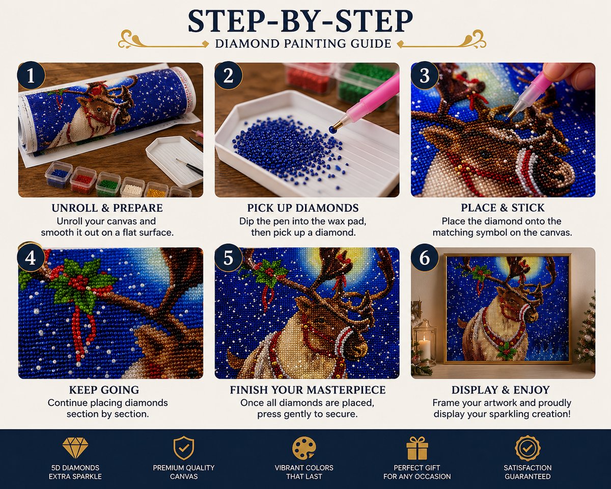 Six step guide showing how to complete the reindeer diamond painting | Azurra Shop