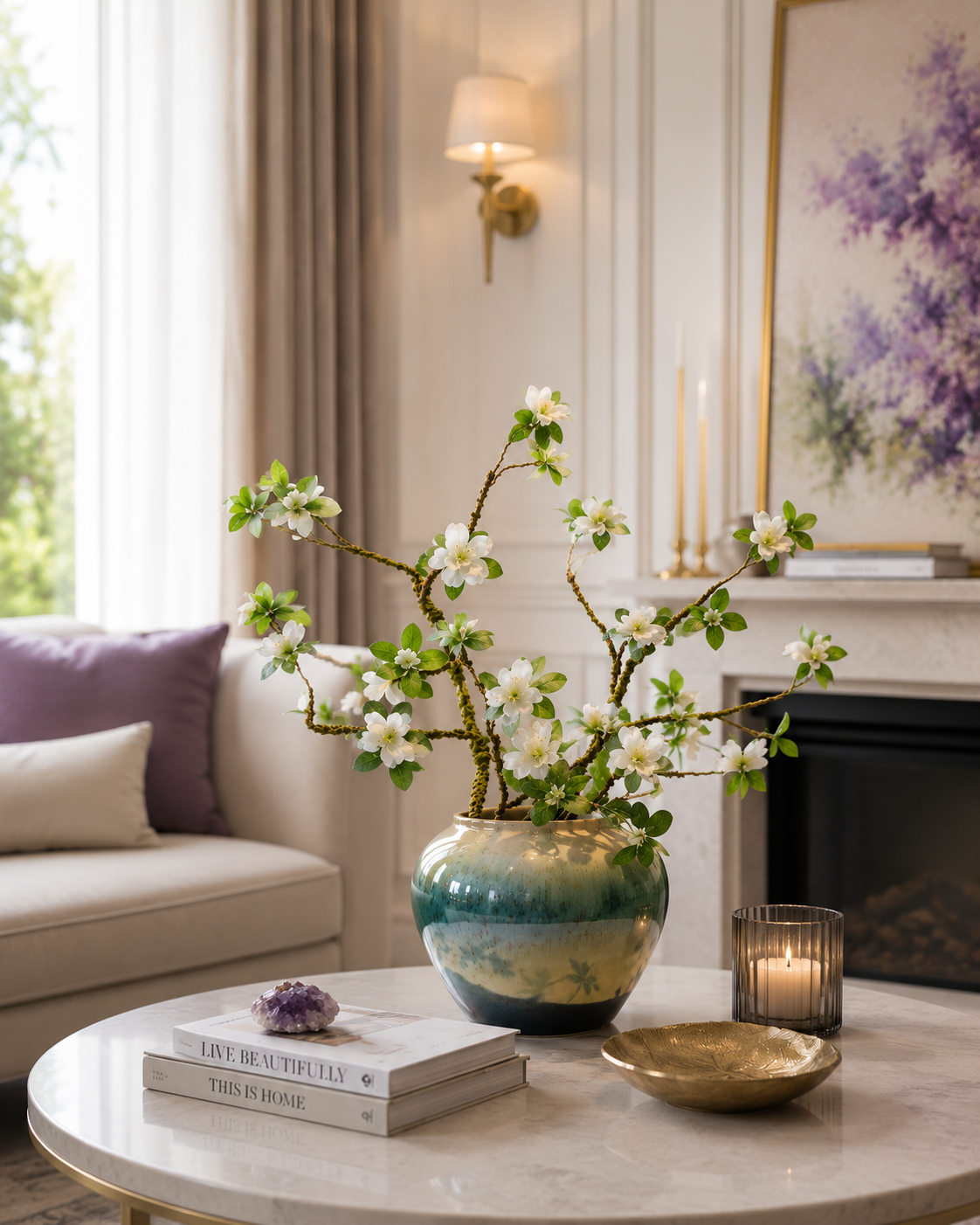White rhododendron ceramic vase styled on marble coffee table beside fireplace in lavender luxury living room — Azurra Shop