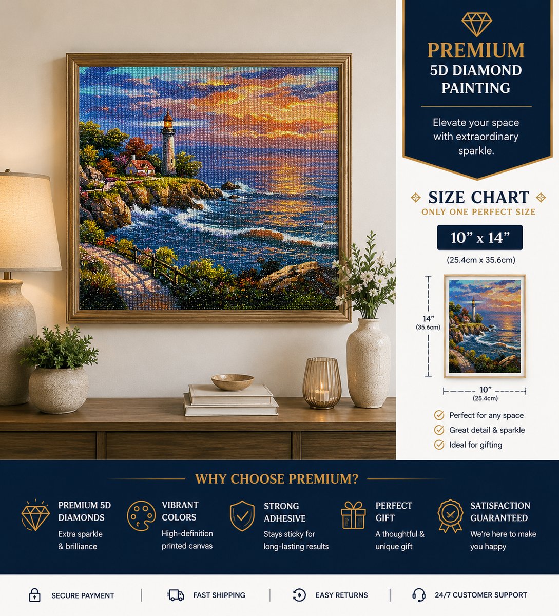 Framed rocky coastal lighthouse diamond painting displayed above a walnut sideboard in a warm living room | Azurra Shop