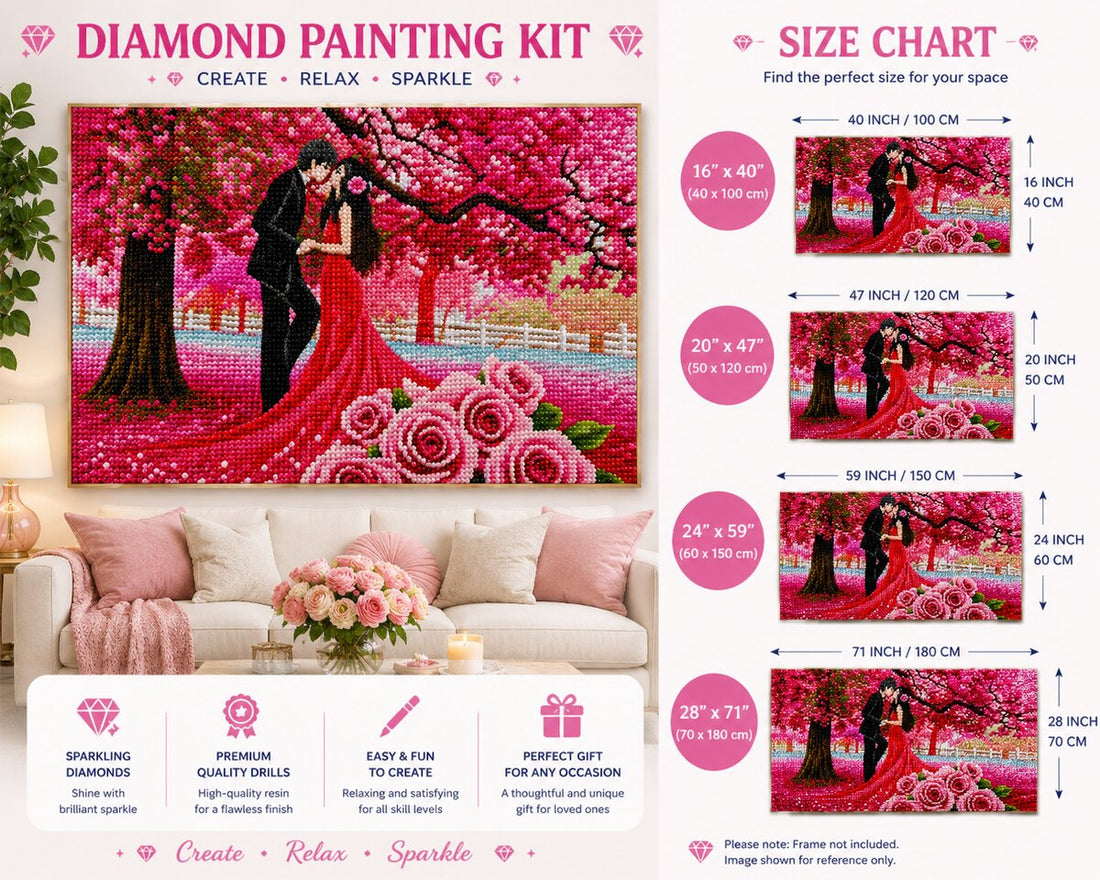 Framed romantic cherry blossom couple diamond painting displayed above a living room sofa with pink pillows and roses | Azurra Shop