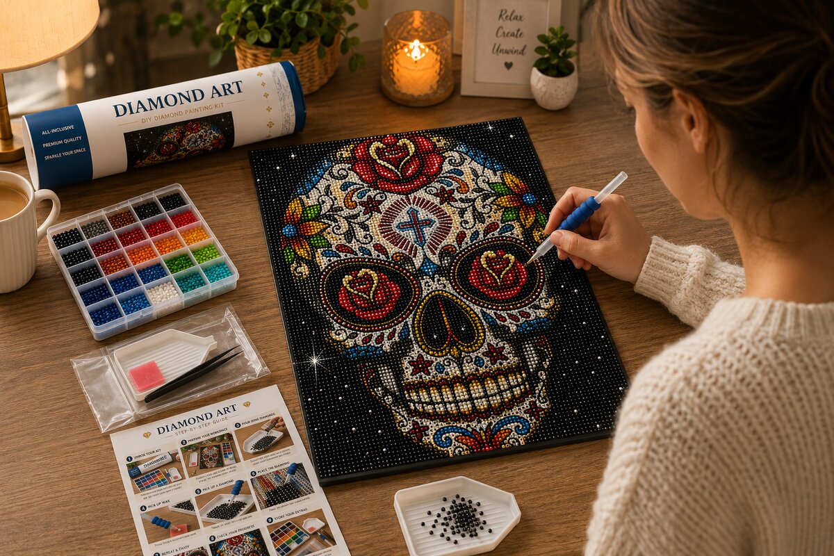Working on the rose eye sugar skull kit at a desk with a lamp, candle, and coffee | Azurra Shop