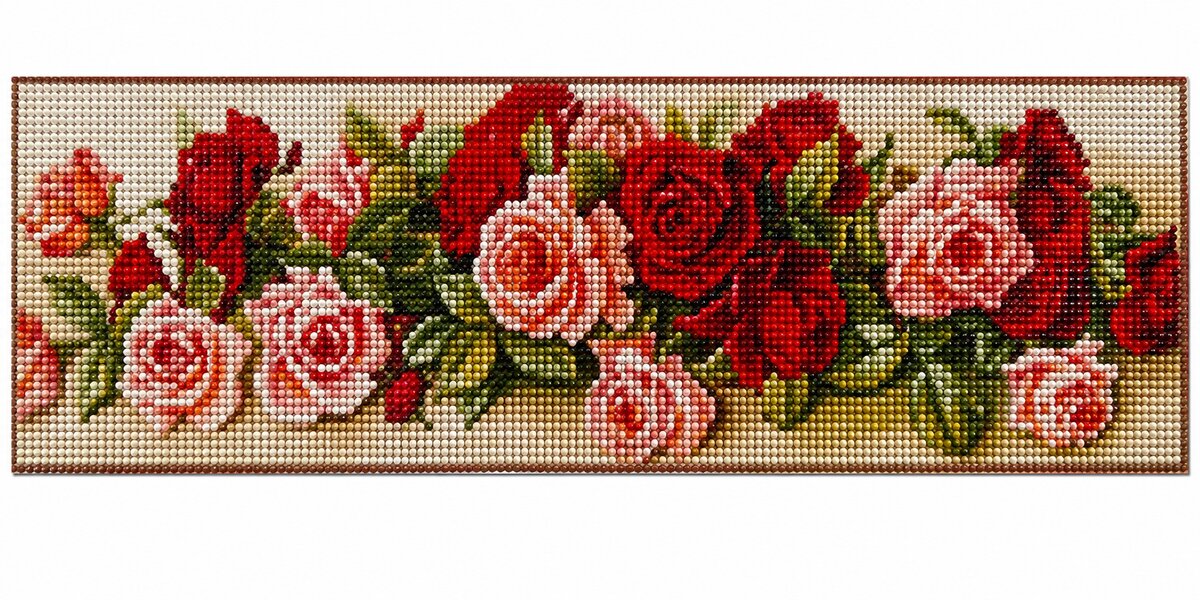 Finished crimson rose garland diamond painting with a long row of red and pink roses in bloom on a tan background | Azurra Shop