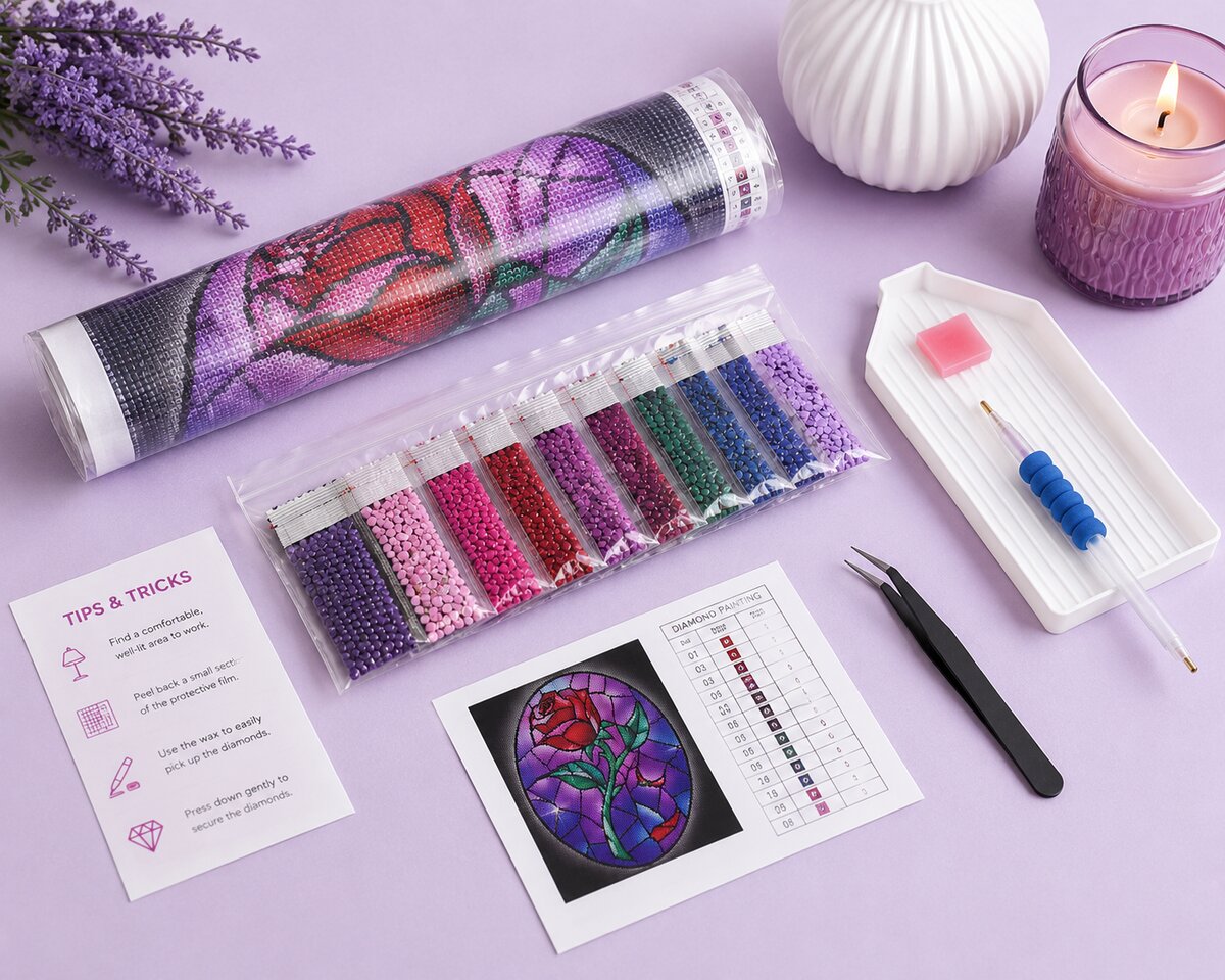 Diamond painting kit supplies including rolled canvas, numbered diamond bags, tray, pen, and tweezers | Azurra Shop