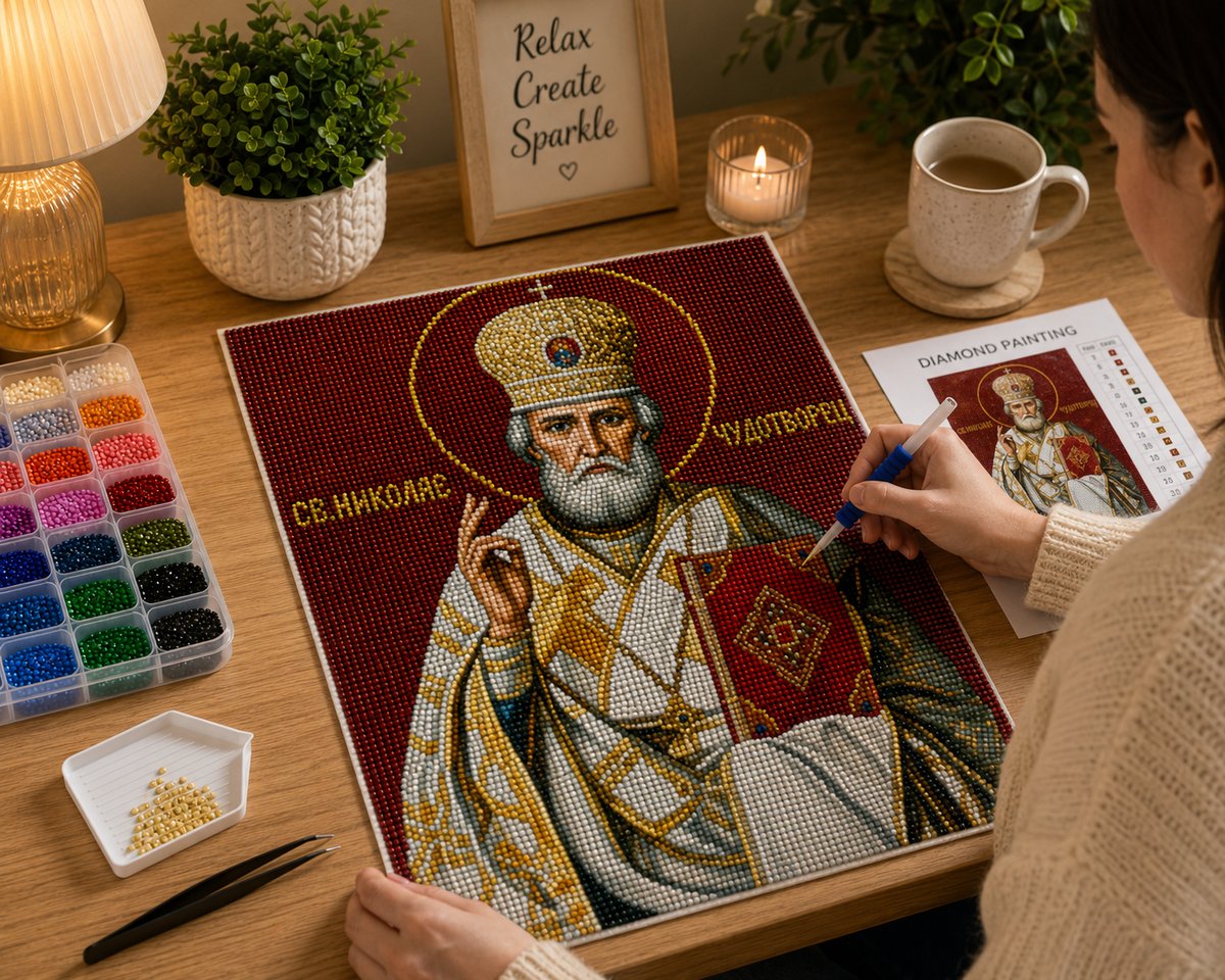 Working on the Saint Nicholas kit at a cozy desk with warm lighting