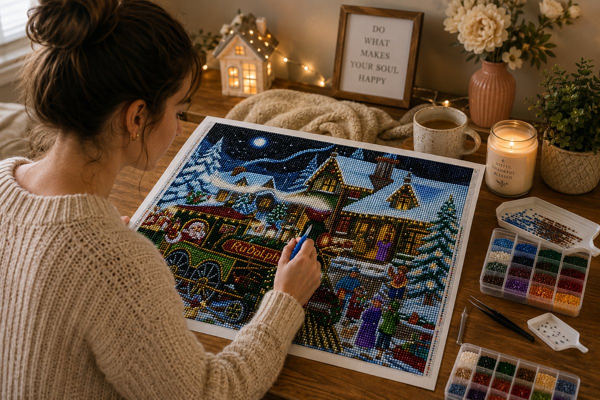 Rolled canvas and full supplies for the Santa Christmas train kit, including diamond trays, applicator pen, and tweezers | Azurra Shop