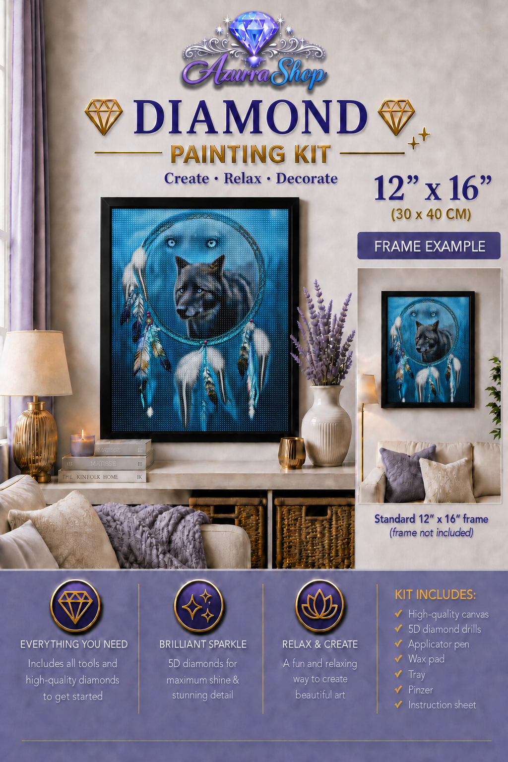Shadow Wolf Teal Feathers Diamond Painting Kit