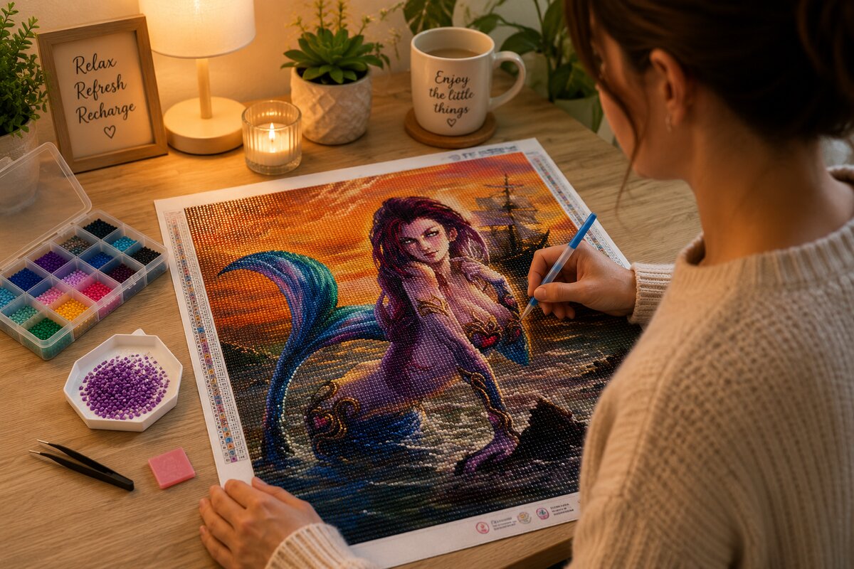 Woman placing diamonds on the siren of the sea canvas at a desk with coffee and a candle | Azurra Shop