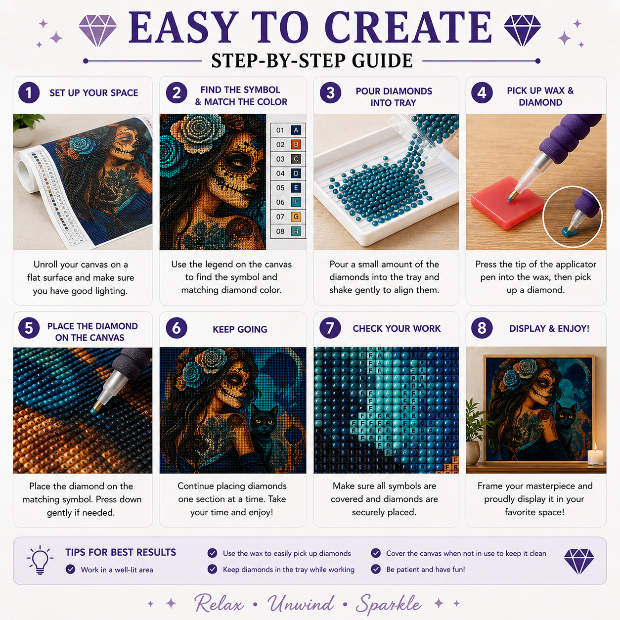 Sugar Skull Woman & Black Cat with Teal Roses Diamond Painting Kit – 6-step diamond painting guide showing how to prepare your canvas, pick up your diamonds, place the diamonds, keep going section by section, press and secure with a book or roller, and admire your masterpiece, with "Why You&
