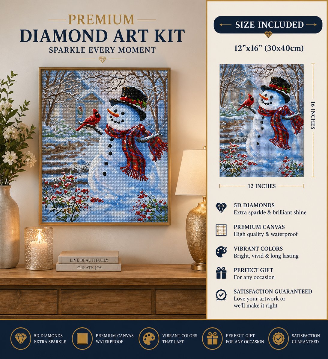Framed snowman and cardinal diamond painting displayed above a living room console table | Azurra Shop