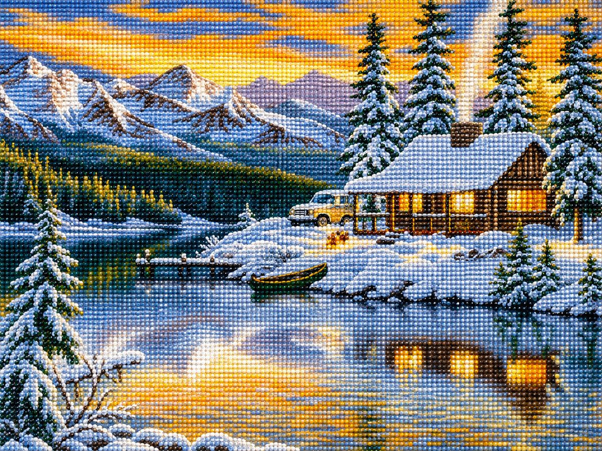 Close up of the finished snowy mountain lake cabin at winter sunset diamond painting | Azurra Shop
