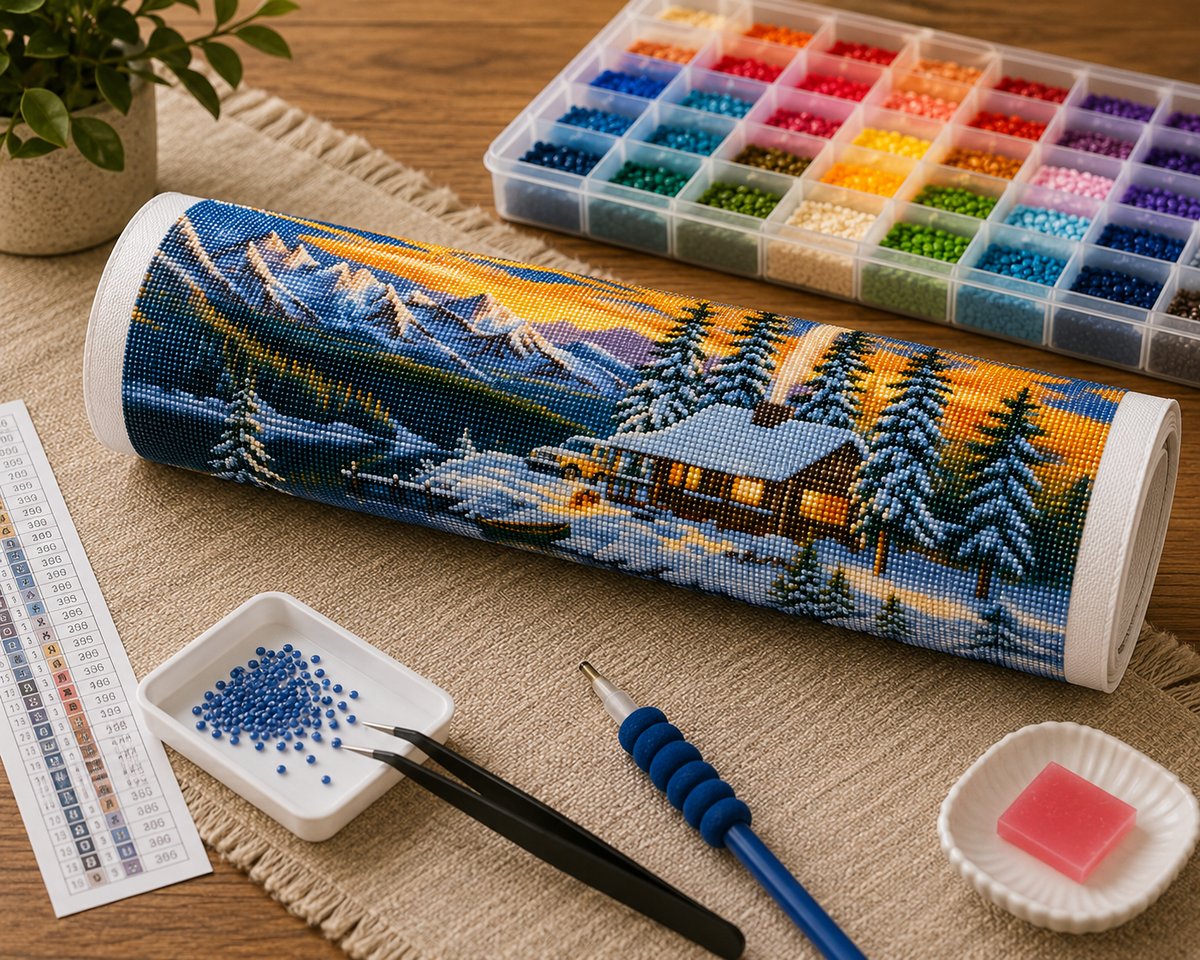 Rolled canvas and supplies for the snowy mountain cabin kit, including drill organizer, applicator pen, tweezers, and wax pad | Azurra Shop