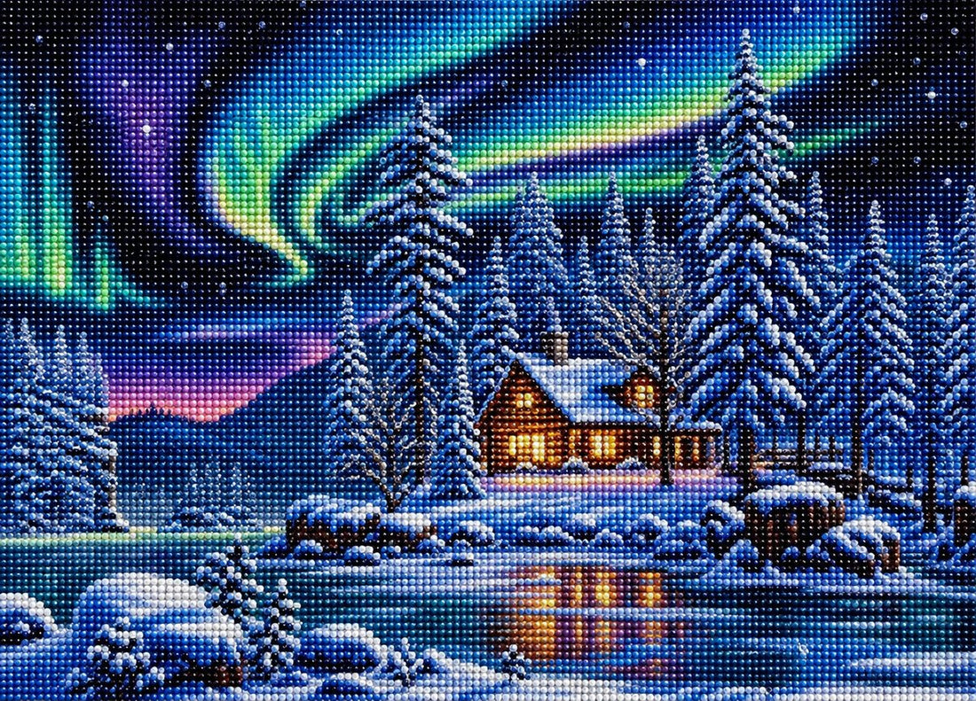 Close up of the finished aurora borealis snowy cabin diamond painting with sparkling drills | Azurra Shop