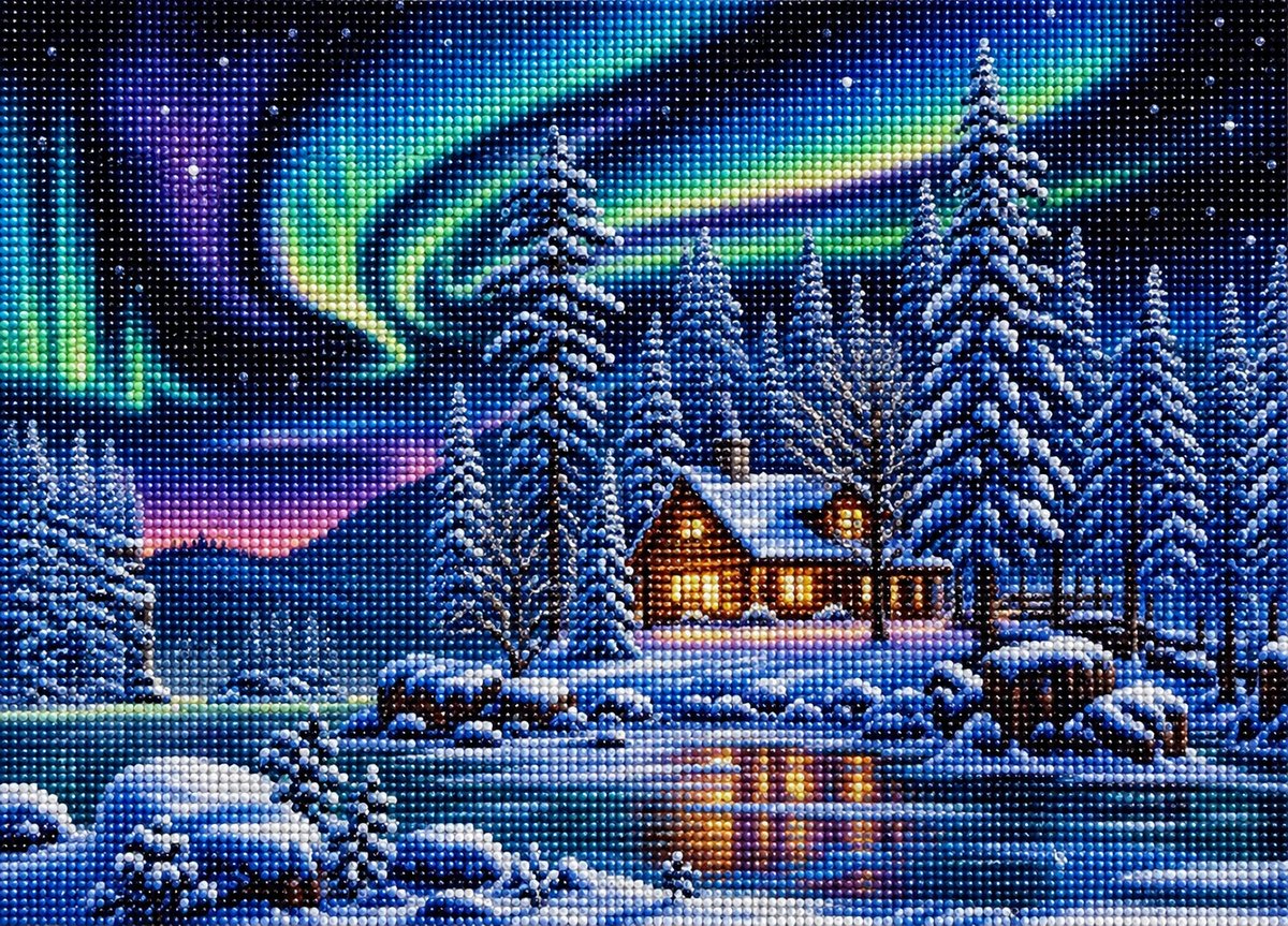 Close up of the finished aurora borealis snowy cabin diamond painting with sparkling drills | Azurra Shop