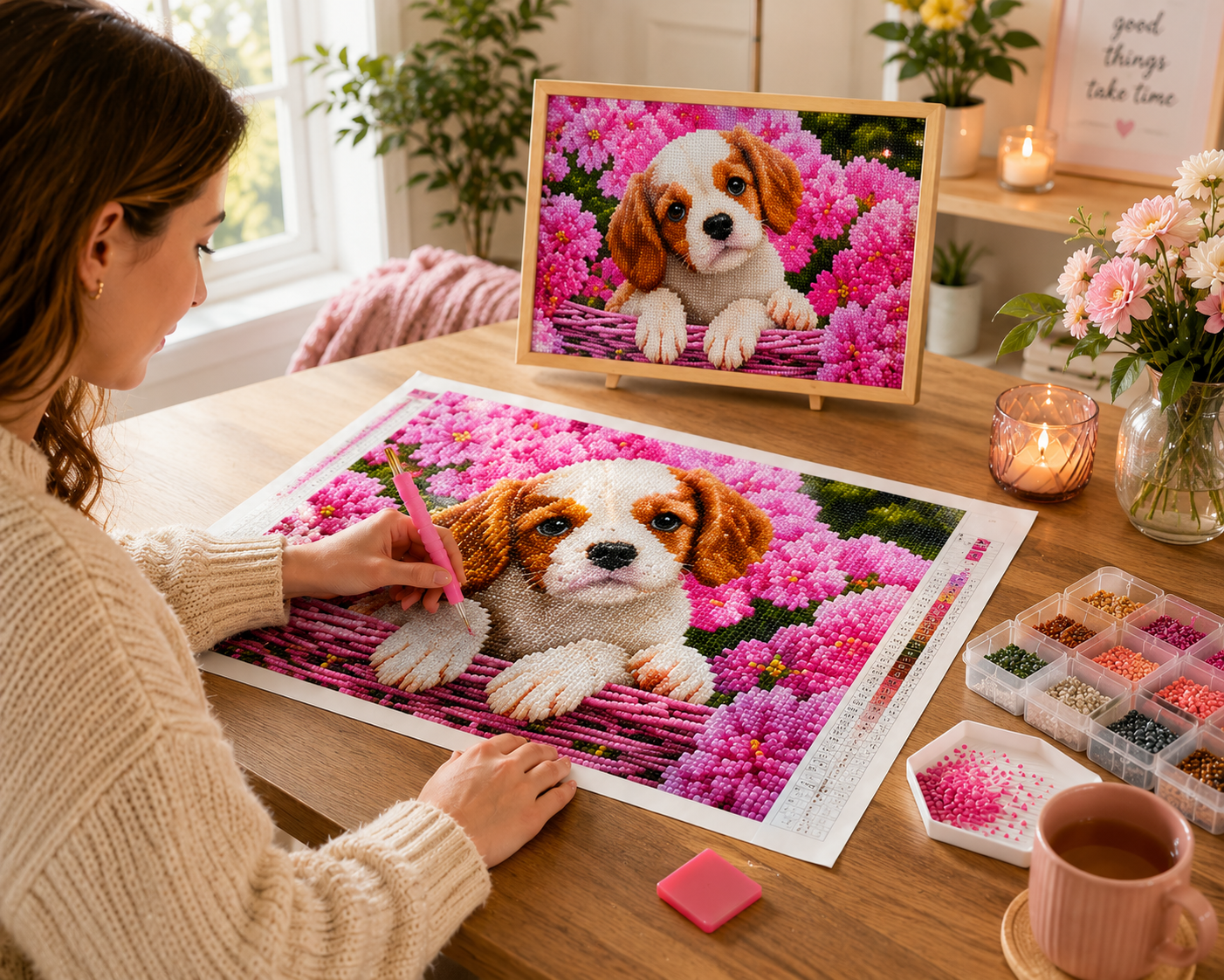 Spaniel Puppy in Pink Flowers Diamond Painting Kit