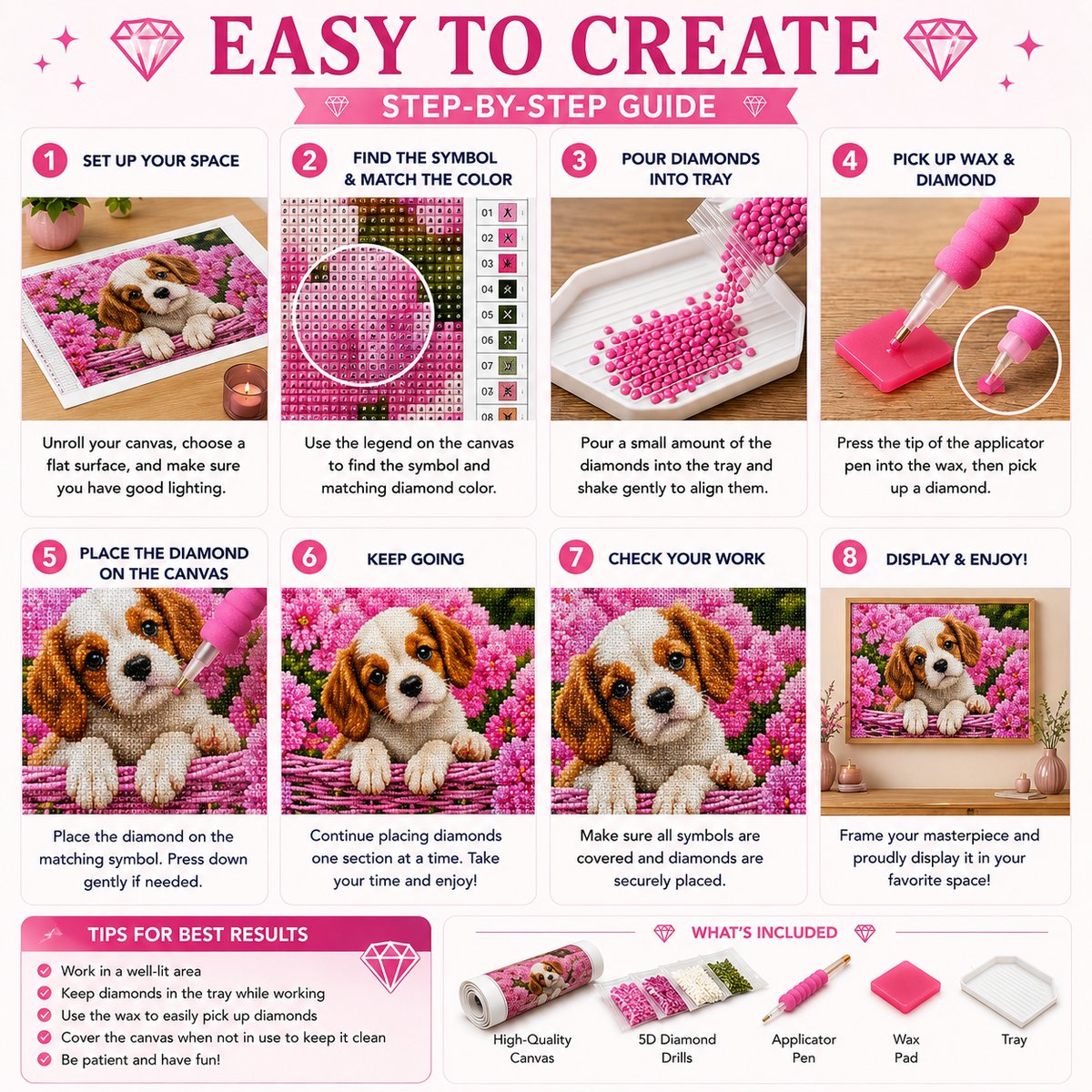 Step by step guide showing how to complete the spaniel puppy diamond painting | Azurra Shop