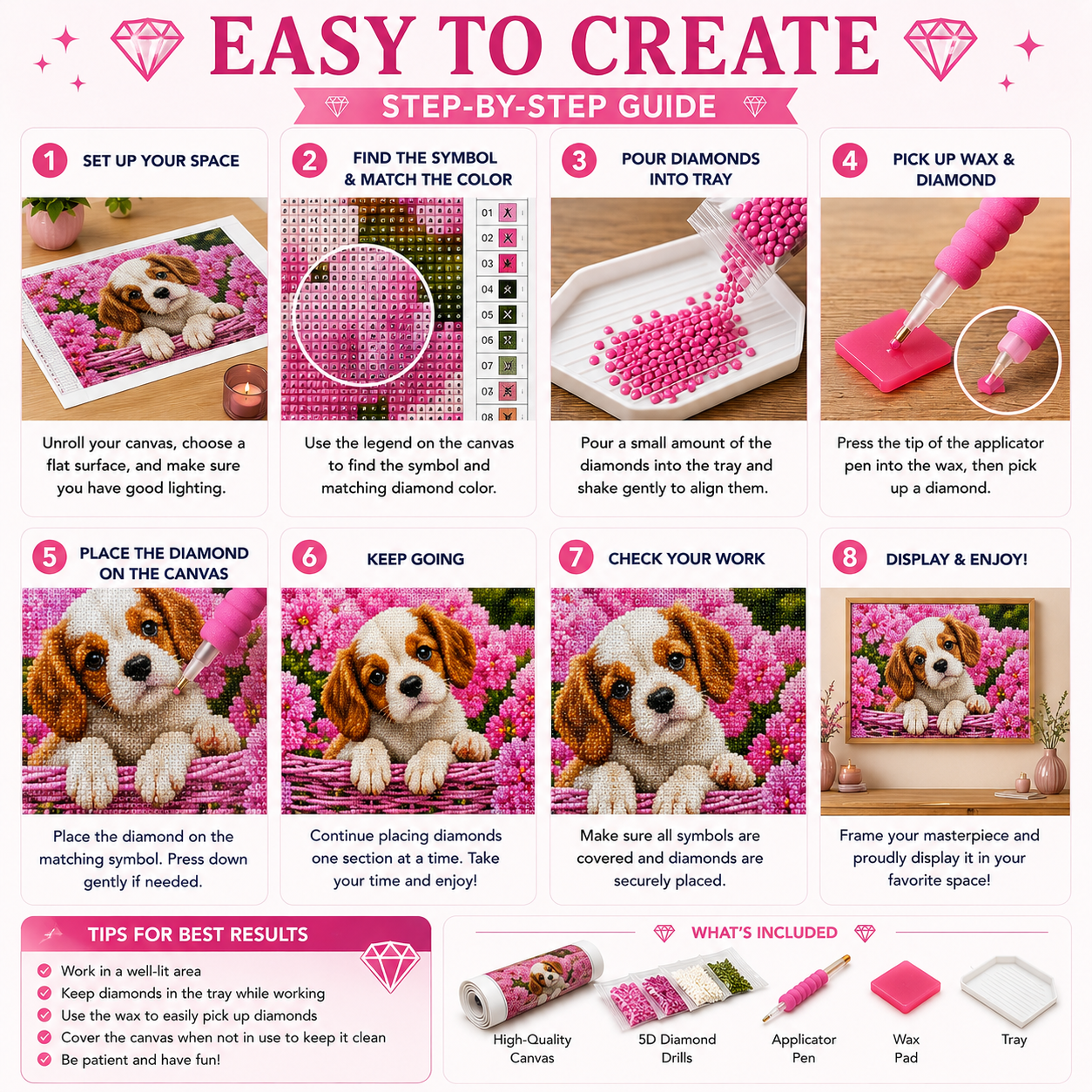 Spaniel puppy in pink flowers diamond painting kit step by step tutorial — full drill DIY — Azurra Shop