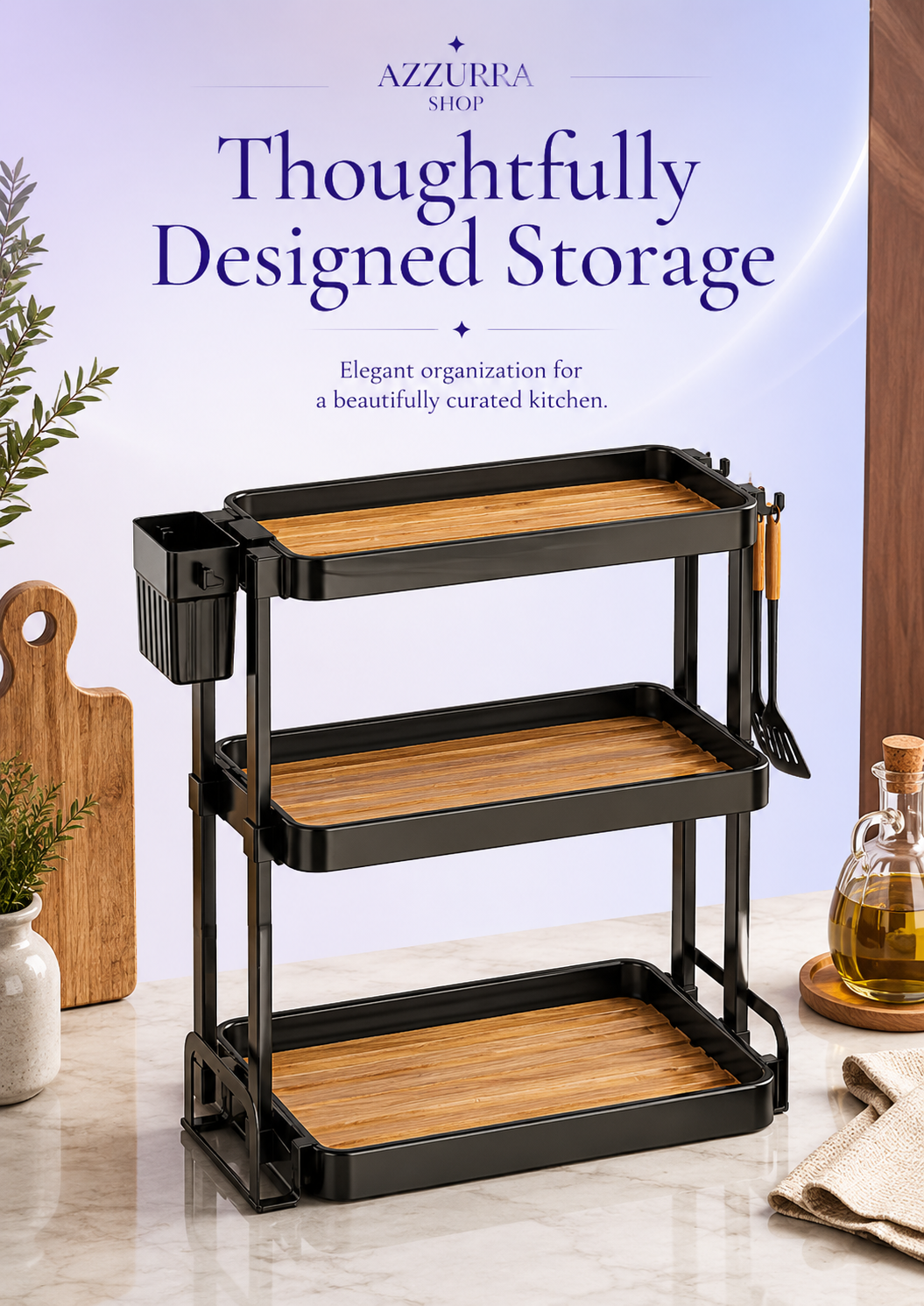 3-tier black kitchen rack empty — thoughtfully designed storage with utensil holder and cutting board slot — Azurra Shop