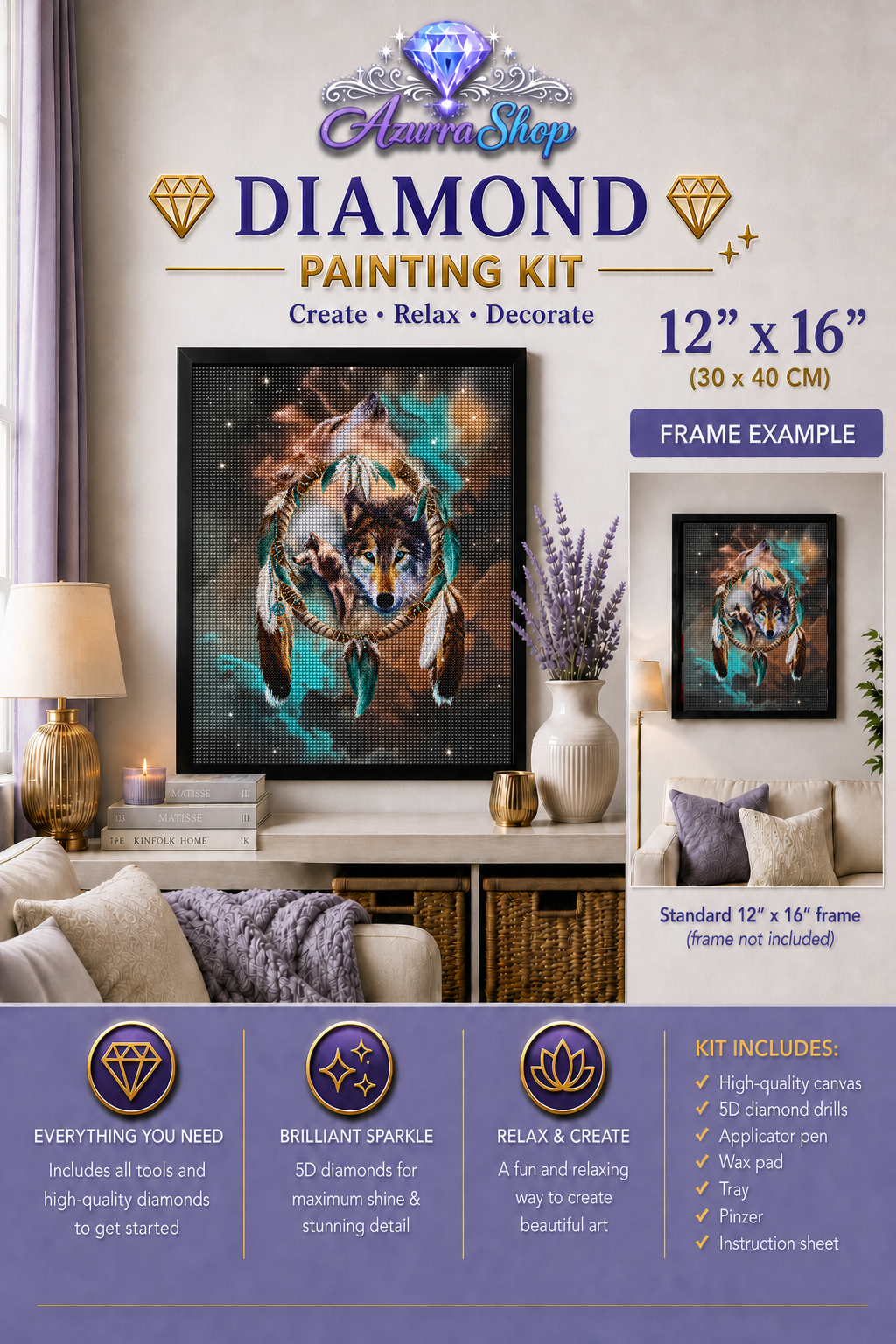 Spirit Wolf Teal Dreamcatcher Diamond Painting Kit