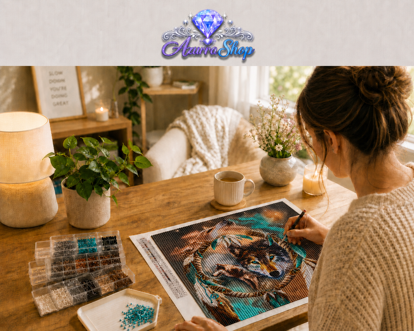 Spirit Wolf Teal Dreamcatcher Diamond Painting Kit