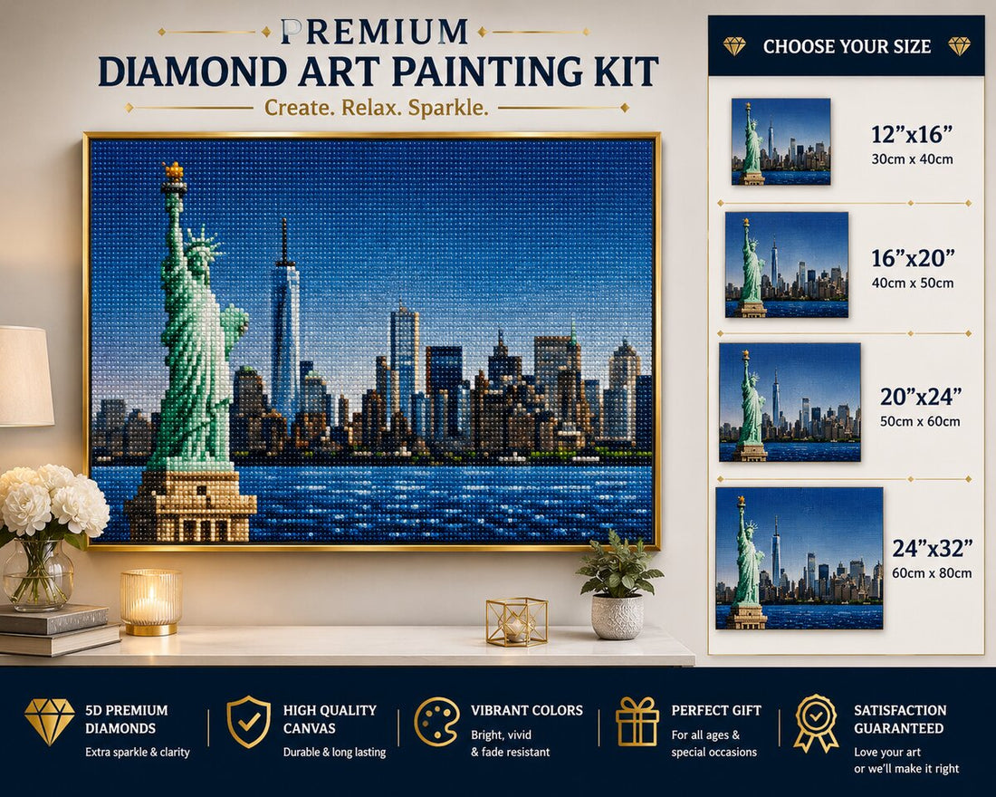 Statue of Liberty diamond painting kit framed artwork displayed on a wall | Azurra Shop
