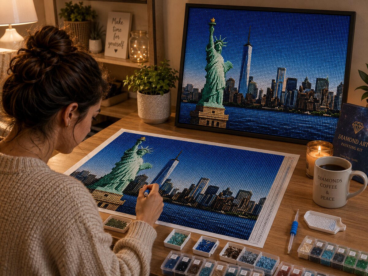 Working on the Statue of Liberty diamond painting kit at a cozy desk | Azurra Shop
