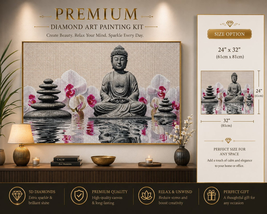 Rolled canvas and supplies for the stone Buddha and pink orchid water reflection kit, including drills and applicator pen