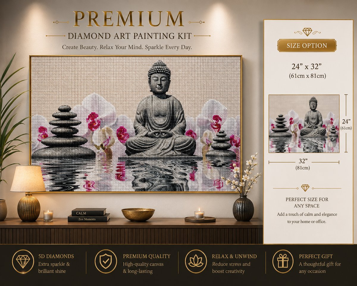 Rolled canvas and supplies for the stone Buddha and pink orchid water reflection kit, including drills and applicator pen