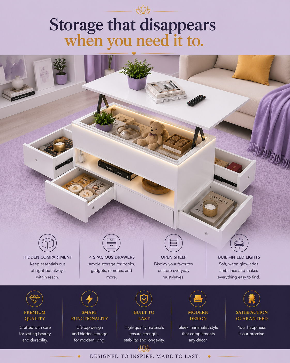 Lift-Top Coffee Table with LED Lights & 4 Drawers — White