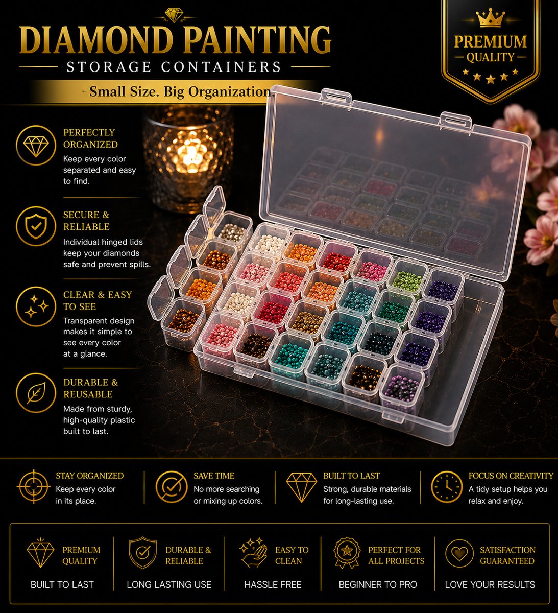 Diamond painting storage box open and filled with diamonds sorted into individual snap lid containers